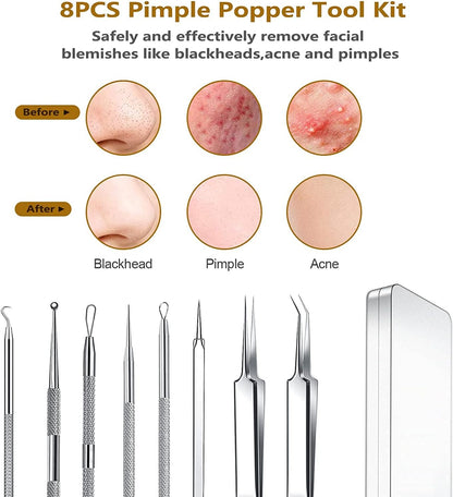 2023 Upgraded 8Pcs Blackhead Remover Pimple Popper Tool Kits, Facial/Nose/Back Whitehead Popping Comedones Acne Extractor Kit Edible Grade Mental Stainless 316, with Portable Metal Case [USA FDA]