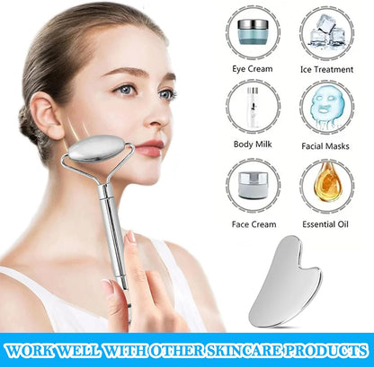 Stainless Steel Facial Roller & Gua Sha,Gua Sha Facial Tools Stainless Steel, Guasha Tool and Face Roller Set - Metal Face Roller, Facial Tension, Sturdy