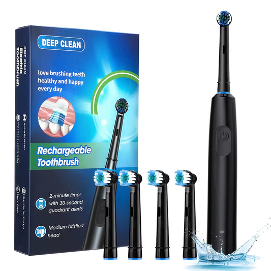 Smart Rotating Timing Electric Toothbrush, Rechargeable Rotary Toothbrush with 4 Heads, 5 Modes Setting Teeth Whitening Oral Car